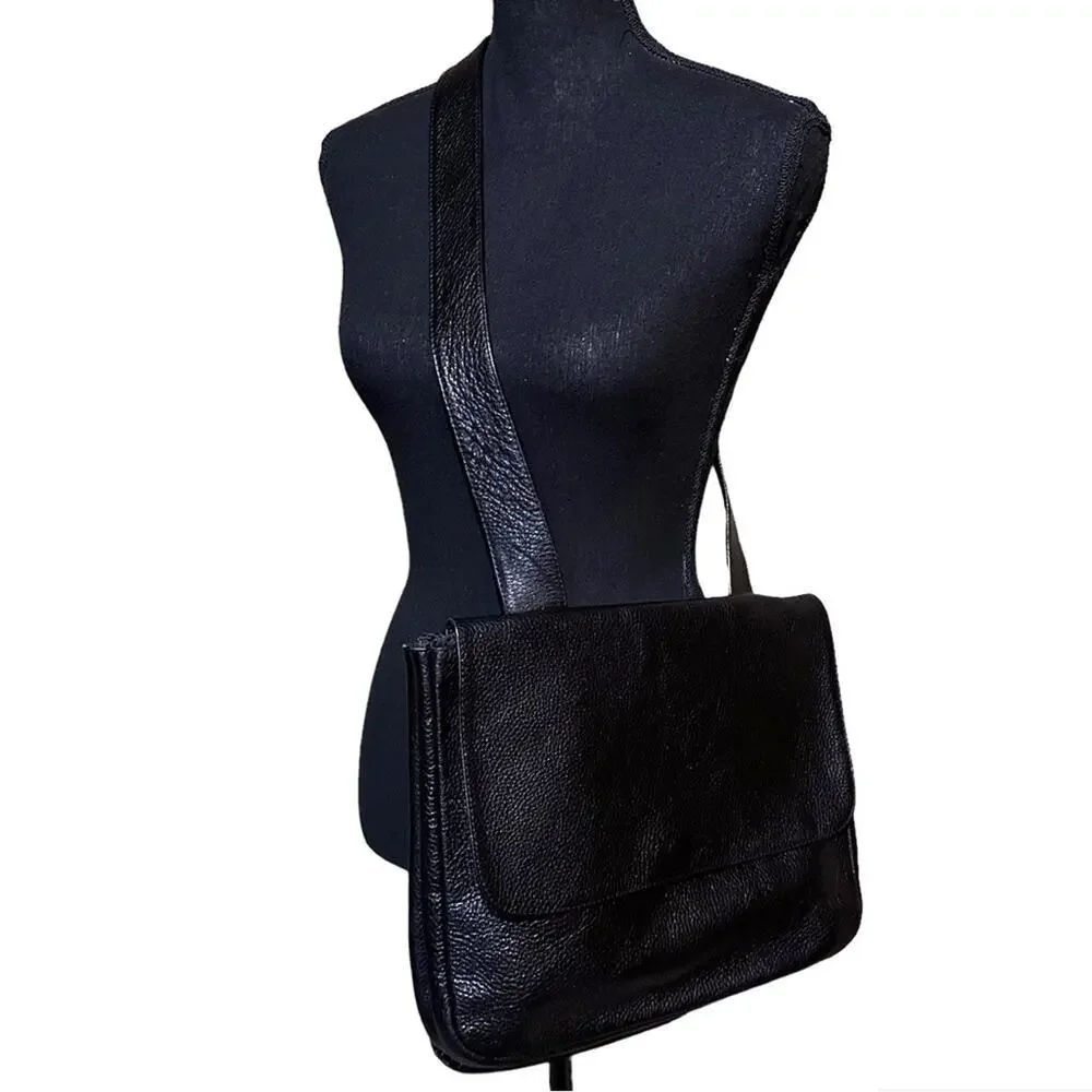 Jennifer Graham Classic Black Pebbled Leather Crossbody Messenger Bag